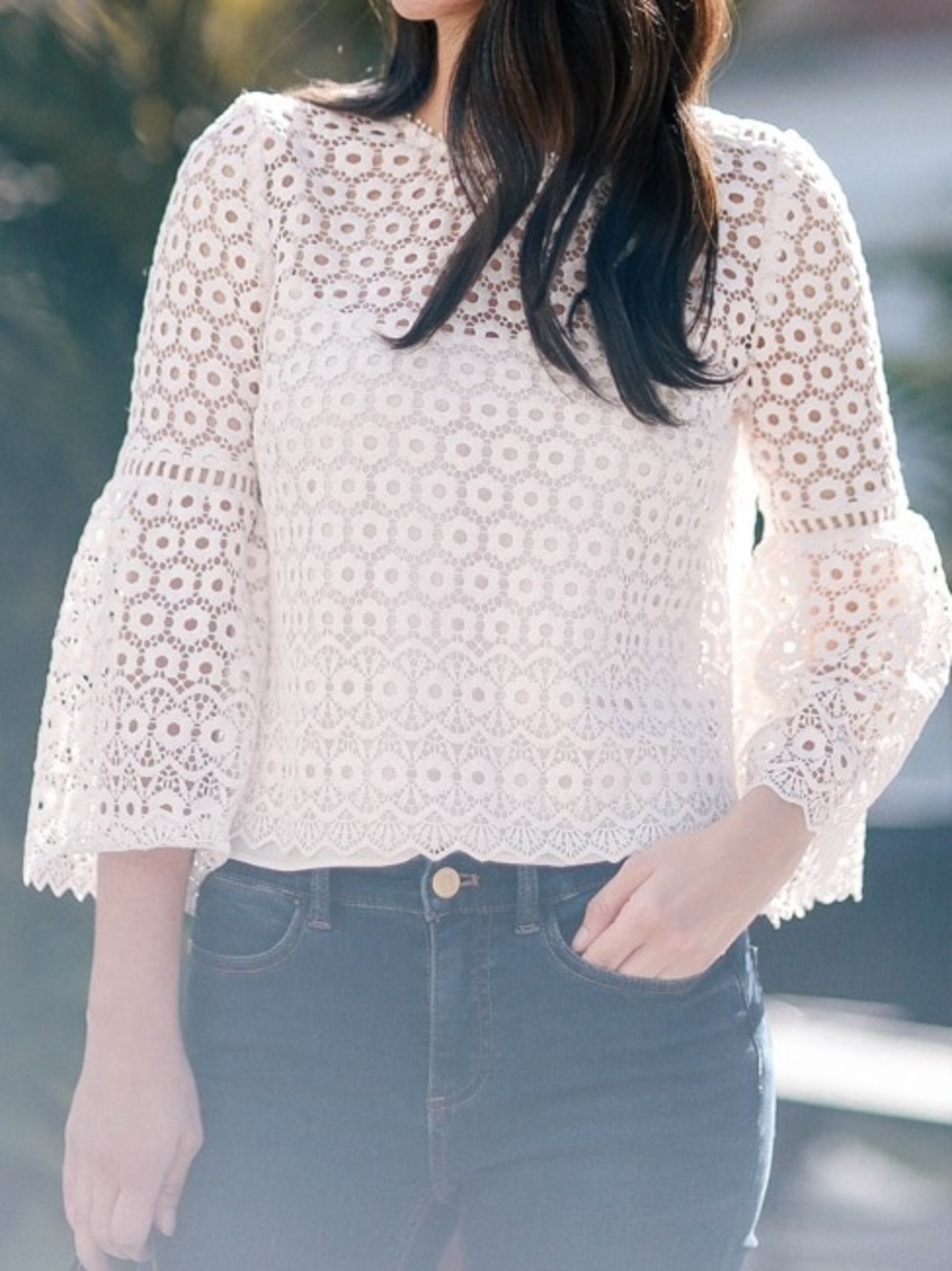 J. Crew White Crochet Lace Bell Sleeve Top